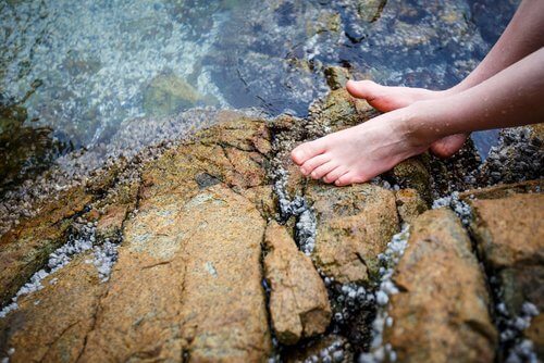 Picioare scufundate în apa de râu
