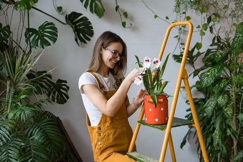 Fată care se ocupă de cultivarea orhideelor acasă